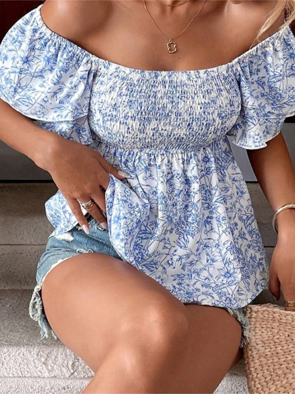 Blue Floral Off-Shoulder Smocked Peplum Blouse